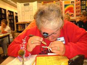 Teacher using a loupe at a Private Eye Workshop